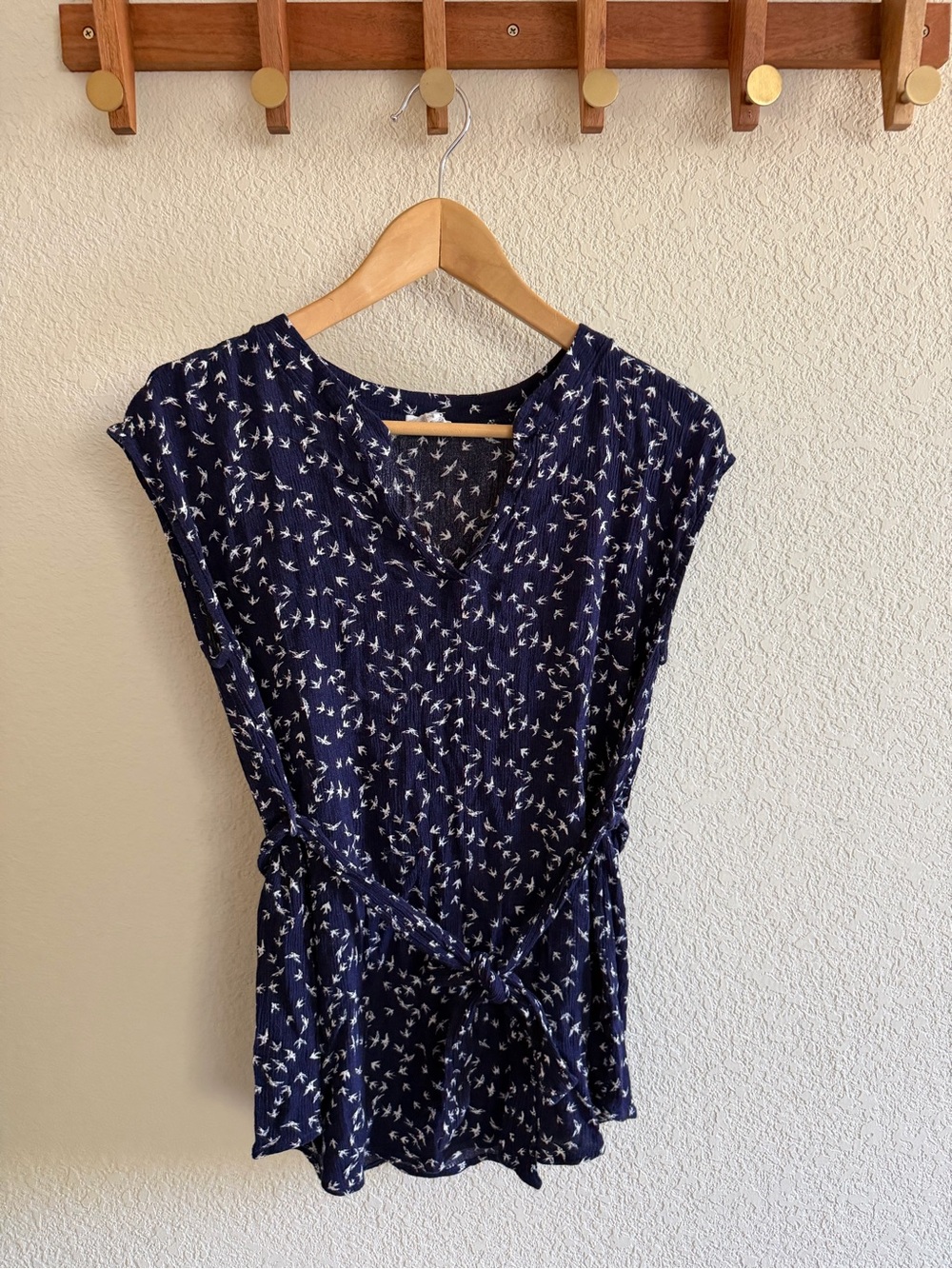 Le Lis Navy Blue V-Neck Tie-Waist Blouse with White Bird Print